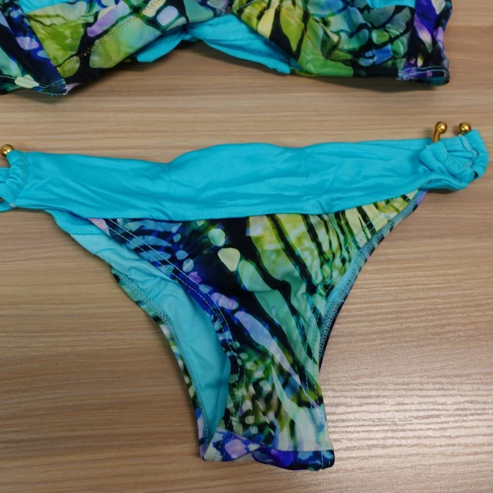 Blue Bikini Set Women S MILAGUA Halter Bandeau Gold Ring Sexy Cheeky Latina NEWS